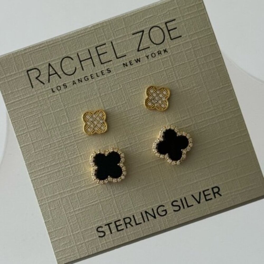 Rachel Zoe Set of 2 Mini earrings Clover Sterling silver 925 Gold Plated W Onyx
